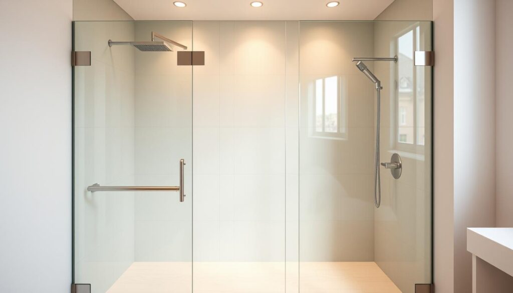 A modern, minimalist glass shower enclosure with a seamless, custom-fit design. The shower wall is composed of sleek, tempered glass panels that create a spacious, light-filled atmosphere. Subtle brushed metal hardware accents the clean lines, while a frameless glass door allows for easy access. The overall aesthetic is one of understated elegance, highlighting the high-quality craftsmanship and attention to detail. The scene is captured in a soft, warm lighting that accentuates the transparency and clarity of the glass. The camera angle provides a frontal view, showcasing the tailored fit and harmonious integration of the custom-made shower wall within the bathroom interior.