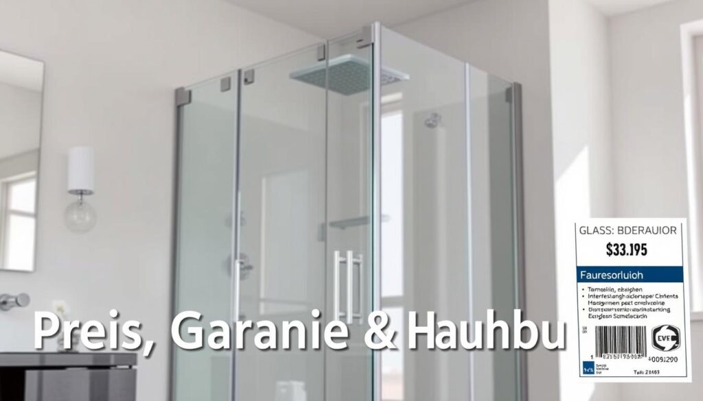 A modern, minimalist glass shower enclosure with a sleek, frameless design stands in a well-lit, airy bathroom. The tempered glass panels reflect the natural light, creating a sense of openness and elegance. The chrome-plated hardware gleams, accentuating the high-quality craftsmanship. In the foreground, a price tag and warranty information are prominently displayed, providing the prospective buyer with the necessary details to make an informed purchasing decision. The overall scene conveys a sense of quality, functionality, and attention to detail, perfectly suited for the "Preis, Garantie & Kaufberatung" section of the article.