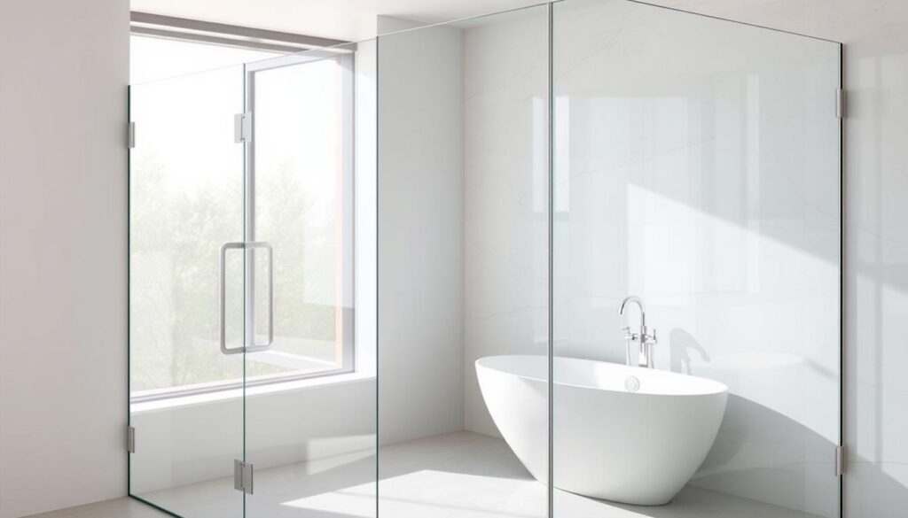 A modern, minimalist glass shower enclosure with a sleek, frameless design. The duschwand (shower wall) is made of tempered, crystal-clear glass panels that seamlessly integrate with the bathroom's architecture. Subtle silver hardware and hinges create a clean, contemporary look. Bright, natural lighting streams through the glass, creating a bright, airy atmosphere. The duschwand is positioned to showcase the elegant, freestanding bathtub and high-end fixtures, elevating the entire bathroom's aesthetic. The overall impression is one of luxury, functionality, and refined sophistication.