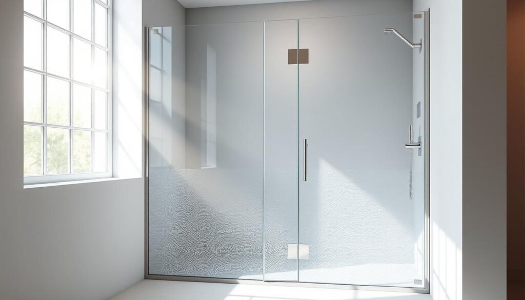 A modern, minimalist glass shower enclosure with clean, sleek lines and a frameless design, illuminated by soft, natural lighting streaming through a large window. The glass panels have a subtle, textured pattern that adds visual interest, complemented by high-quality, stainless steel hardware and fittings. The overall aesthetic is one of elegant simplicity, seamlessly blending form and function to create a luxurious, spa-like atmosphere. The composition emphasizes the interplay of light and shadow, highlighting the transparent and reflective qualities of the glass. The background is a serene, neutral-toned setting, allowing the shower enclosure to take center stage as the focal point.