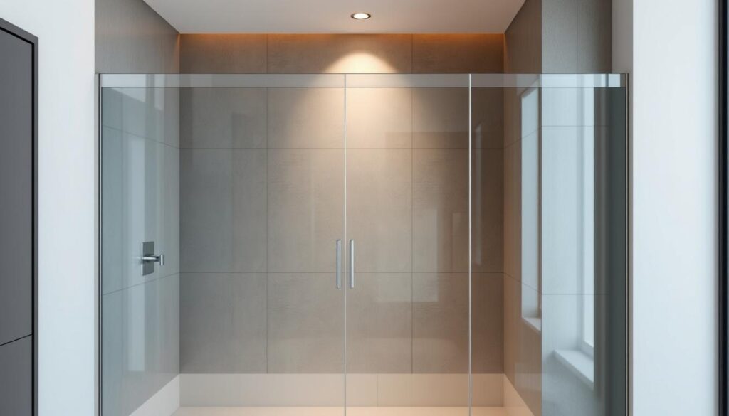 A modern, minimalist glass shower partition with a sleek, frameless design stands prominently in the foreground, its crystal-clear panels reflecting the light beautifully. The partition is set against a muted, neutral-toned bathroom backdrop, allowing the glass to take center stage. Subtle, warm lighting from above casts a soft, inviting glow, accentuating the seamless integration of the partition into the space. The entire scene conveys a sense of elegance, functionality, and a high-end, spa-like atmosphere, perfectly capturing the essence of a customizable glass shower wall.