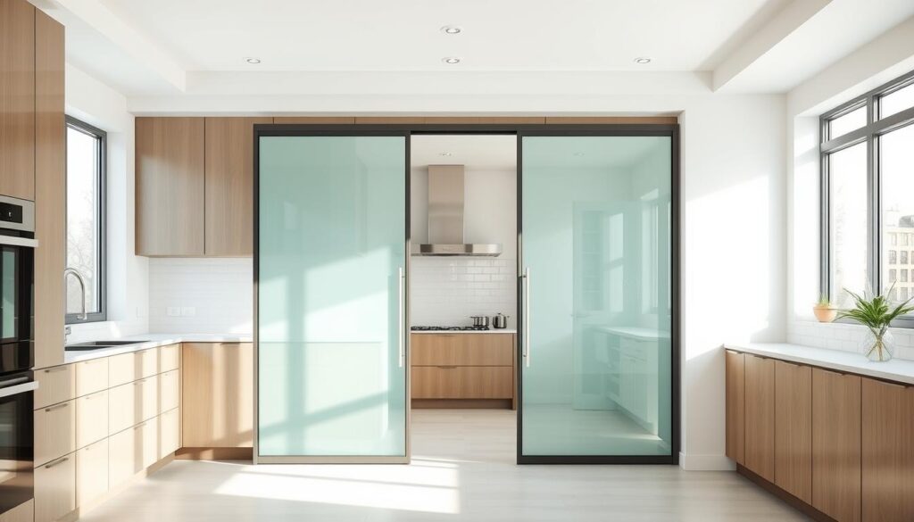 A modern, minimalist glass sliding door set in a bright, open kitchen interior. The door seamlessly blends with the surrounding cabinetry and tile backsplash, creating a clean, cohesive look. Soft, diffused natural light streams in through large windows, illuminating the space and reflecting off the sleek glass panels. The door slides effortlessly on a concealed track, adding an elegant functionality to the room. The overall atmosphere is one of simplicity, sophistication, and harmonious integration of form and function, perfectly suited for a high-end residential setting.