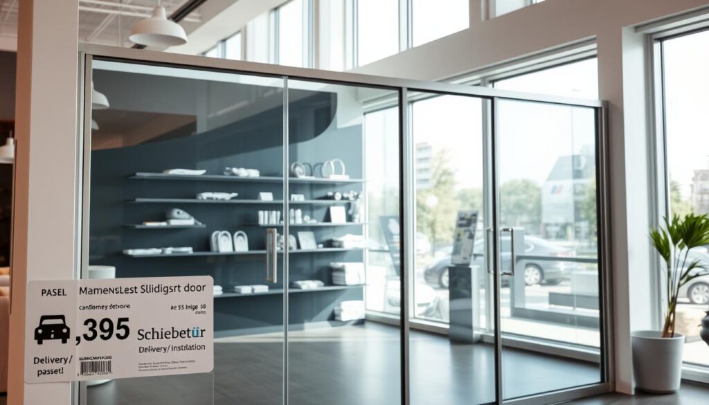 A modern, minimalist glass sliding door showroom display, shot in high-resolution with natural lighting streaming through large windows. The sleek, frameless schiebetür panels are the focal point, their clean lines and smooth surfaces accentuated by subtle backlighting. In the foreground, a price tag and delivery/installation icons provide informative details. The middle ground features well-organized shelves showcasing complementary hardware and accessories. The background subtly blends with the scene, hinting at a professional, customer-centric environment. An overall sense of quality, precision, and customer service permeates the image.