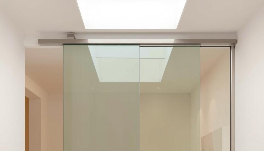 A modern, minimalist glass sliding door with a sleek, ceiling-mounted frame. The door is made of tempered glass panels that glide effortlessly on a sturdy metal track, allowing for a seamless, clutter-free entryway. The frame is crafted from high-quality, brushed aluminum, creating a visually striking and durable design. The door is lit by soft, even lighting that emanates from concealed sources, casting a warm glow and highlighting the transparency of the glass. The scene is set in a bright, airy interior with clean lines, neutral tones, and natural textures, emphasizing the door's modern, minimalist aesthetic and its integration into the space.
