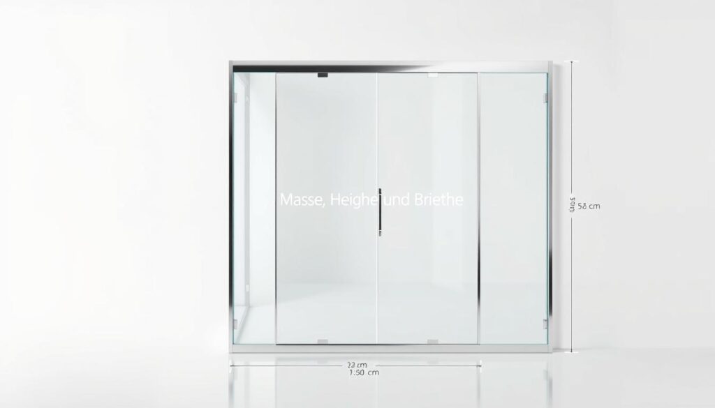 A modern, minimalist image showcasing precise measurements for a custom-made glass shower enclosure. Set against a clean, white background, the frame of the shower stands out in sleek lines and polished chrome, with detailed dimensions highlighted in crisp, sans-serif typography. The glass panels appear seamless and crystal-clear, conveying a sense of high-quality craftsmanship and attention to detail. Soft, directional lighting emphasizes the reflective surfaces and emphasizes the clarity of the design. The overall aesthetic is one of understated elegance, perfectly suited to illustrate the "Maße, Höhe und Breite" section of the article on bespoke glass shower solutions.