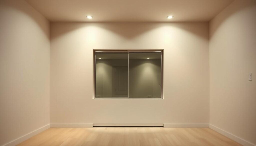 A modern, minimalist interior featuring a recessed sliding glass door set into a clean, smooth drywall or masonry wall. The door glides effortlessly along a concealed metal track, blending seamlessly into the wall when closed. Warm, indirect lighting from above highlights the elegant, frameless glass panel, creating a sense of openness and spaciousness. The surroundings are uncluttered, with a focus on clean lines and neutral tones that showcase the sliding door's sleek, contemporary design. A sense of balance and functionality permeates the scene, reflecting the thoughtful integration of the sliding door into the overall architectural composition.