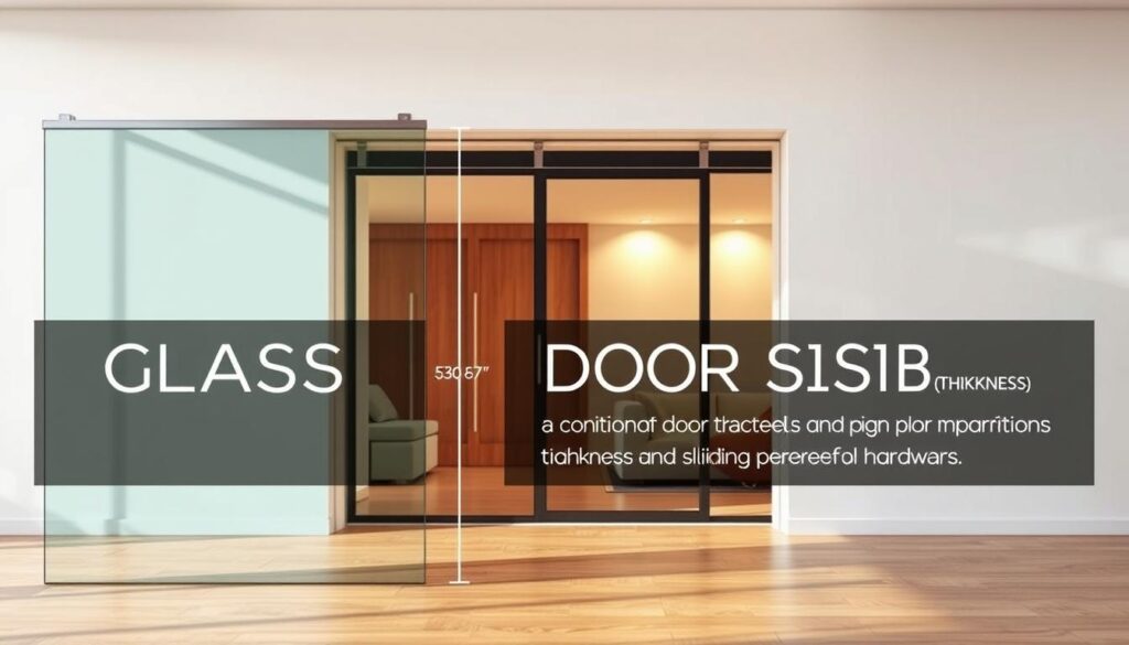 A modern, minimalist interior featuring a stylish sliding glass door. The foreground showcases the glass panel, with its precise dimensions and thickness measurements displayed in a clean, typographic layout. The middle ground highlights the door's sliding mechanism and hardware, capturing the smooth, elegant functionality. The background depicts a warm, natural setting, with soft lighting illuminating the space and creating a calming, inviting atmosphere. The entire scene conveys a sense of contemporary design, attention to detail, and a focus on the practical considerations of glass door specifications.