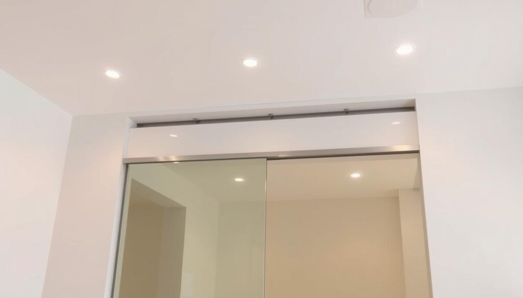 A modern, minimalist interior with a sleek, custom-made sliding door system. The door is made of tempered glass panels framed in a slim, brushed metal profile, creating a seamless, floating appearance. Soft, indirect lighting from recessed ceiling fixtures casts a warm, inviting glow, highlighting the door's elegant simplicity. The door glides effortlessly on a concealed, high-quality track system, maximizing the available space. The surrounding walls are painted in a soothing, neutral tone, allowing the sliding door to be the focal point. A clean, contemporary aesthetic pervades the scene, exuding a sense of sophistication and functionality.