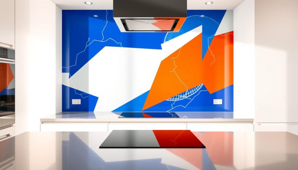 A modern, minimalist kitchen with a sleek glass backsplash. The backsplash features a bold, abstract motif in vibrant hues of deep blue, vibrant orange, and crisp white. The design evokes a sense of movement and energy, with dynamic, overlapping geometric shapes that create a visually striking focal point. The kitchen is bathed in warm, directional lighting that casts dramatic shadows and highlights the glass surface. The overall aesthetic is clean, contemporary, and designed to inspire culinary creativity.