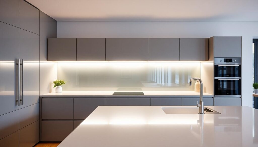 A modern, minimalist kitchen with a sleek glass splashback that extends from the countertop to the ceiling. The glass is seamlessly integrated, creating a clean, uninterrupted visual flow. Soft, indirect lighting illuminates the kitchen, casting a warm, inviting glow. The splashback is custom-fitted, perfectly sized to the kitchen dimensions, showcasing the precision and attention to detail. The glass surface reflects the surrounding cabinetry and appliances, creating a sense of depth and visual interest. The overall atmosphere is one of contemporary elegance and functionality, perfectly suited for the "Formate, Konfigurator und Sondermaße - passgenau für Ihre Küche" section.
