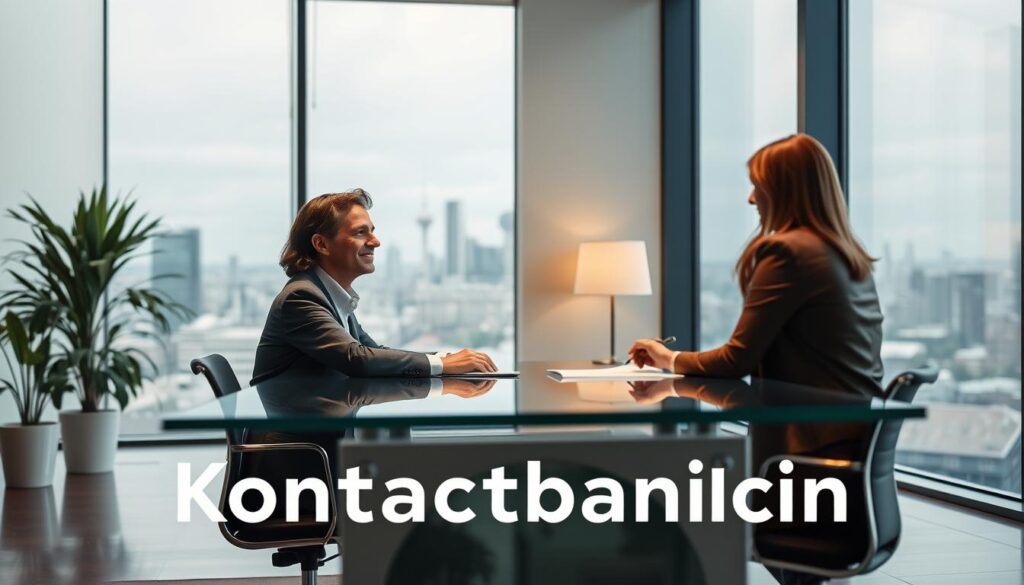A modern, minimalist office setting with a sleek glass and metal desk. A professional advisor sits behind the desk, engaged in a thoughtful discussion with a client. Soft, warm lighting illuminates the scene, creating a welcoming atmosphere. The advisor's expression conveys a sense of attentiveness and expertise. In the background, a large window offers a view of a city skyline, hinting at the breadth of the advisor's knowledge and experience. The overall composition emphasizes the personal, one-on-one nature of the consultation, reflecting the "Kontaktberatung" theme.