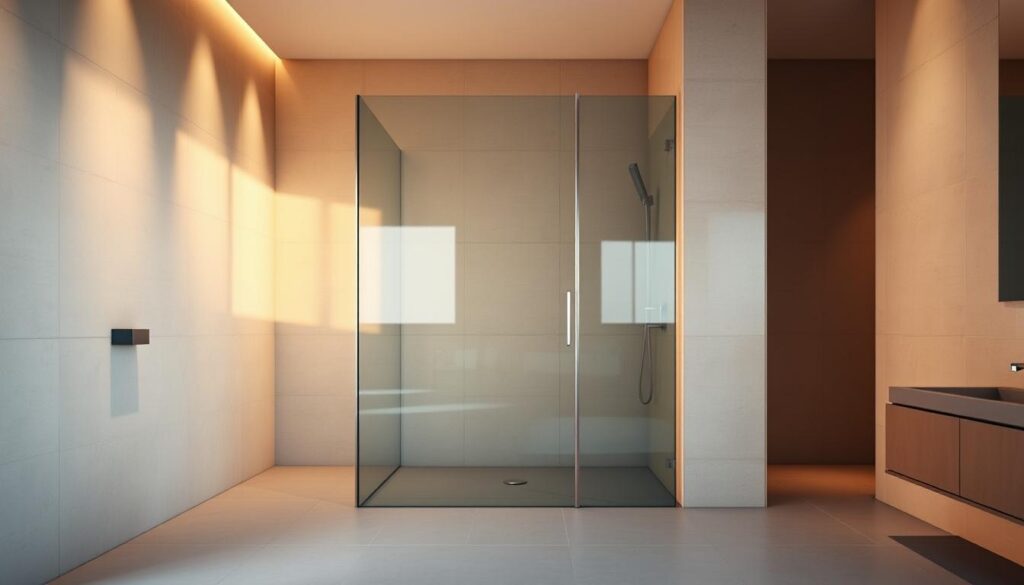 A modern, minimalist shower area with a sleek glass walk-in enclosure. The frameless glass panels seamlessly blend with the tiled walls, creating a spacious, airy atmosphere. Warm, indirect lighting casts a soft glow, accentuating the clean, elegant design. The floor is finished with large, matte tiles, leading the eye towards the focal point - the custom-made glass shower partition. The partition appears to float effortlessly, its minimalist silhouette highlighting the craftsmanship and attention to detail. The overall scene conveys a sense of serene luxury, perfectly suited for the "Maßanfertigung leicht gemacht" section of the article.