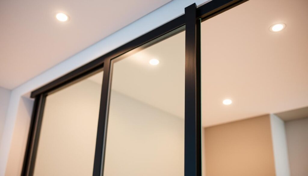 A modern, minimalist sliding door system with a sleek, tempered glass panel gracefully gliding along a matte black metal track. The frameless design showcases the transparency of the glass, creating an illusion of openness and airiness. Soft, diffused lighting from overhead fixtures casts a warm glow, highlighting the high-quality materials and seamless integration into the surrounding interior. The composition emphasizes the simplicity and functionality of this clever alternative to traditional hinged doors, elevating the space with a sense of sophistication and innovation.