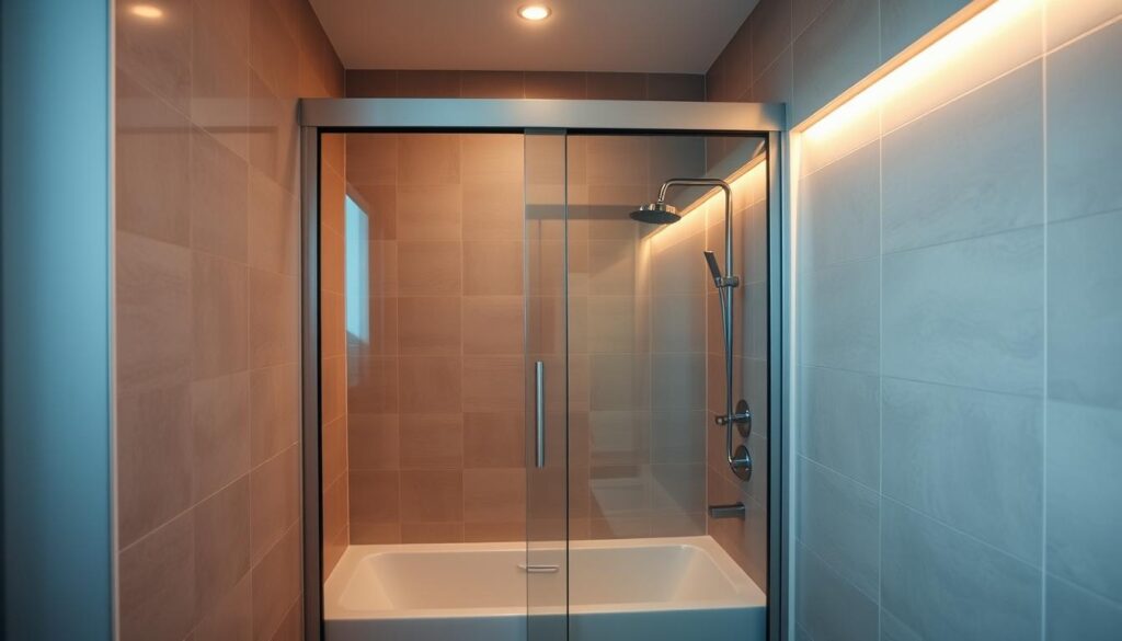 A modern, minimalist sliding glass door set into a tiled bathroom corner, illuminated by soft, warm overhead lighting. The sleek, frameless glass panels glide effortlessly, creating a spacious and accessible entryway to the bathtub. The door's reflective surface captures the surrounding tiles, creating a sense of depth and visual interest. The overall design emphasizes clean lines, functionality, and a seamless integration with the bathroom's architectural elements, allowing for maximum space utilization and a comfortable, user-friendly experience.