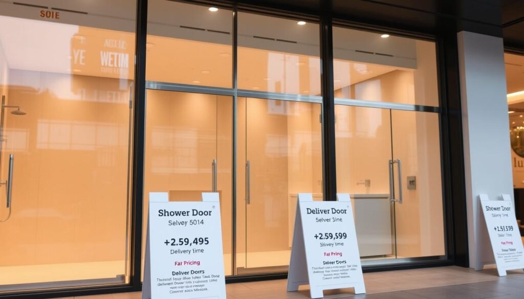 A modern, minimalist storefront with a sleek, glass display showcasing various shower door options. The scene is bathed in warm, diffused lighting, creating a welcoming and professional atmosphere. In the foreground, a series of pricing and delivery time information is neatly displayed on clean, white signs, highlighting the company's fair pricing and fast delivery. The middle ground features various shower door configurations, with a focus on sliding door designs in a range of materials and finishes. The background subtly suggests an upscale, high-end interior design setting, further emphasizing the brand's commitment to quality and customer satisfaction.