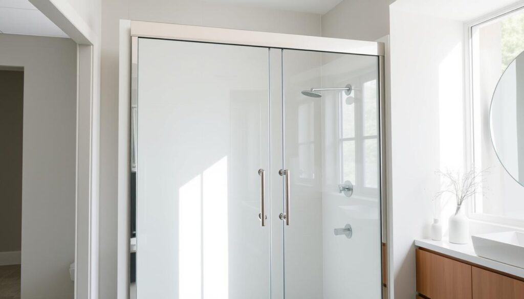 A modern, minimalist walk-in shower enclosure with sleek, sliding glass doors set against a bright, minimally styled bathroom interior. The glass panels reflect the natural light flooding the space, creating a sense of openness and airiness. The clean, geometric lines of the shower frame are complemented by the neutral tile work and fixtures, conveying a high-end, spa-like ambiance. The camera angle captures the shower from a slightly elevated perspective, allowing the viewer to appreciate the seamless integration of the enclosure into the overall bathroom design. Soft, diffused lighting accentuates the transparency of the glass and the crisp, contemporary aesthetic.