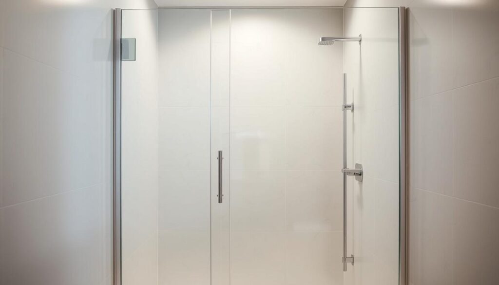 A modern, minimalist walk-in shower with a clear glass duschwand. The duschwand seamlessly blends into the bathroom's sleek, tiled interior, creating an open, airy atmosphere. Soft, diffused lighting casts a warm glow, highlighting the clean lines and transparency of the glass panel. The duschwand is positioned to allow easy access, with no obstructing frame or door. The overall scene conveys a sense of spaciousness, simplicity, and effortless functionality, perfectly suited for a contemporary bathroom design.