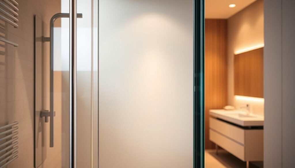 A modern, sleek bathroom scene with a glass shower enclosure as the focal point. In the foreground, the shower door frames the frame, its clean lines and seamless installation highlighted by strategic lighting. The middle ground showcases the careful attention to detail in the wall mounting and the smooth, even transitions between the shower and the surrounding walls. In the background, a minimalist vanity and mirror reflect the overall aesthetic of the space, creating a harmonious, high-end visual. The lighting is warm and soft, casting a gentle glow that enhances the premium materials and craftsmanship. The composition emphasizes the ease of installation and the integrated, streamlined nature of the shower enclosure, capturing the essence of "Montage & Einbaukomfort: Komplettset, Wandausgleich, Stabilisierung".