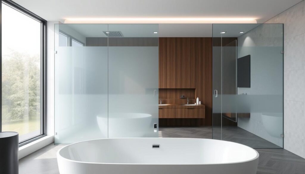 A modern, sleek duschwand (shower wall) installed in a spacious bathroom, with a large bathtub in the foreground. The duschwand is made of high-quality, tempered glass panels that seamlessly integrate with the tub, creating a cohesive, spa-like ambiance. The glass panels have a subtle, frosted finish that diffuses the light, casting a soft, diffused glow throughout the space. The bathroom is illuminated by a combination of natural light streaming in from large windows and strategically placed recessed lighting, highlighting the clean lines and minimalist design of the duschwand installation. The scene conveys a sense of tranquility and relaxation, perfect for the "Montage leicht gemacht: Bohrinstallation oder Kleb-Installation" section of the article.