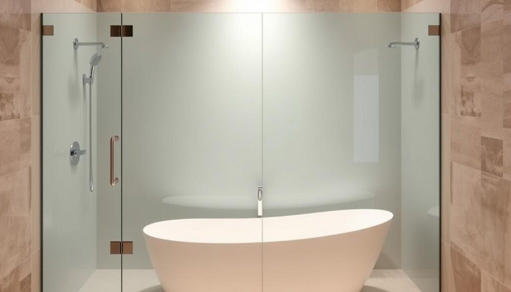 A modern, sleek glass shower enclosure designed to seamlessly integrate with a freestanding bathtub. The tempered glass panels, with a matte finish, create a high-end, spa-like ambiance. Subtle chrome hardware accents the minimalist aesthetic. The enclosure is positioned to maximize the available space, its clean lines complementing the tub's organic curves. Soft, indirect lighting casts a warm glow, enhancing the luxurious atmosphere. The entire scene is framed by neutral, understated tile work, allowing the glass-and-metal elements to take center stage. An elegant, tailored solution for the contemporary bathroom, blending form and function.