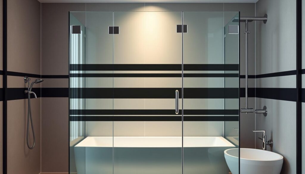 A modern, sleek glass shower screen with bold black horizontal stripes, standing in front of a minimalist industrial-style bathroom setting. The glass panels are seamlessly integrated, reflecting the warm chrome fixtures and fittings. The lighting is soft and diffused, creating a serene, spa-like ambiance. The overall composition emphasizes clean lines, striking contrasts, and a sophisticated, urban aesthetic that perfectly complements the "Designauswahl: Schwarz, Chrom und Industrial-Akzente" theme.