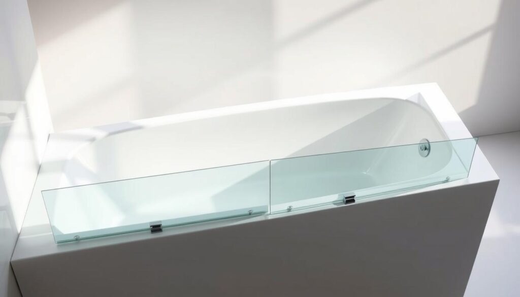 A modern, two-piece bathtub extension set made of high-quality, tempered glass. The front panel features a sleek, minimalist design with clean lines and a slightly curved profile, seamlessly integrating with the bathtub. The side panel extends the bathtub's height, creating a refined, cohesive look. Subtle metallic accents complement the glass, enhancing the overall aesthetic. Soft, natural lighting illuminates the scene, highlighting the transparent and reflective qualities of the materials. The composition emphasizes the product's functionality and versatility, presenting it as a practical and visually appealing solution for customizing a bathtub.