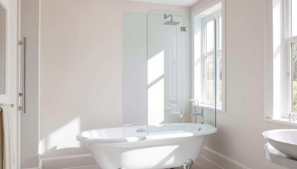 A modern, well-designed bathroom with a sleek, tempered glass shower enclosure installed over a clawfoot bathtub. The shower enclosure is a frameless, minimalist design with a hinged door that provides easy access. The enclosure is mounted on the side of the bathtub, creating a seamless transition between the tub and the shower. The bathroom is filled with natural light, enhancing the clean, contemporary aesthetic. The walls are a soothing neutral color, complementing the chrome fixtures and the gleaming white bathtub. The overall atmosphere is one of relaxation and luxury, perfectly suited for the "Badewannenaufsatz oder Duschabtrennung neben der Badewanne: Varianten, die zu Ihnen passen" section of the article.