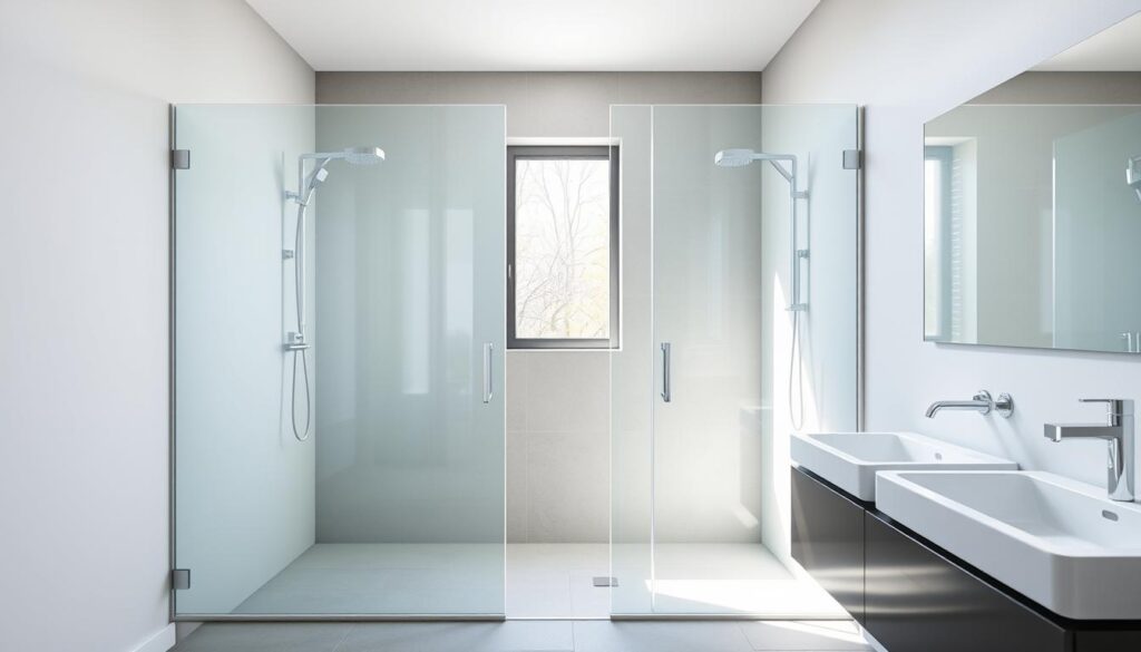 A modern, well-lit bathroom interior with a large, frameless glass shower enclosure. The shower walls are made of tempered glass panels with a sleek, seamless design. The glass has a subtle, matte-like finish, indicating a high-quality, easy-to-clean surface. Sunlight streams in through a nearby window, creating a bright, airy atmosphere. The bathroom fixtures, such as the showerhead and faucets, have a minimalist, contemporary style that complements the glass shower. The floor is covered in neutral-toned, non-slip tiles, ensuring a safe and practical surface. The overall scene conveys a sense of cleanliness, sophistication, and longevity, perfectly capturing the "Reinigung, Pflege, Langlebigkeit" theme.