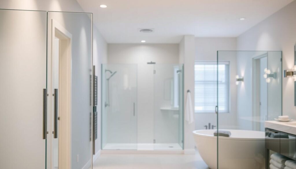 A modern, well-lit bathroom interior with a variety of glass shower enclosure designs. In the foreground, a sleek frameless glass panel with a minimalist handle stands as the centerpiece. In the middle ground, a spacious walk-in shower features a combination of fixed glass panels and sliding doors, creating a seamless, open-concept layout. Further back, a custom-fit glass partition elegantly separates the shower area from the bathtub, showcasing the versatility of glass solutions. The lighting, a mix of recessed ceiling fixtures and vanity sconces, casts a warm, inviting glow across the scene. The overall atmosphere is one of clean, modern elegance, highlighting the diverse "glaswand varianten" (glass wall variants) that could be incorporated into a high-quality shower design.