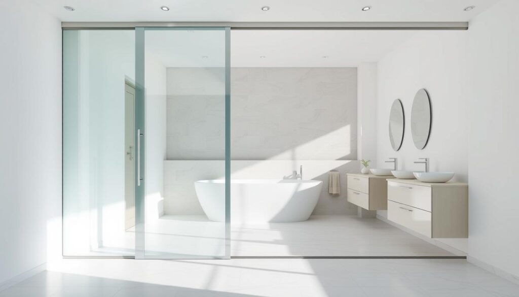 A modern, well-lit bathroom with a large, floor-to-ceiling glass sliding door in the foreground. The door seamlessly integrates with the clean, minimalist design, allowing natural light to flood the space. The middle ground features sleek, contemporary fixtures and fittings in a neutral color palette. In the background, a partially tiled wall creates a serene, spa-like atmosphere. The overall scene conveys a sense of spaciousness, sophistication, and effortless functionality, perfectly showcasing the elegance and practicality of a glass sliding door in a bathroom setting.