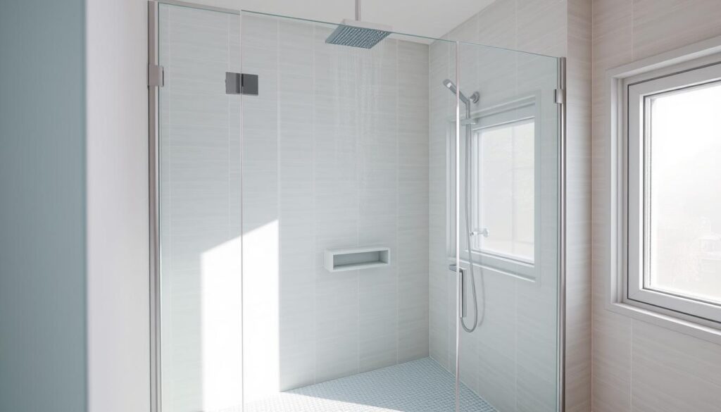 A modern, well-lit duschbereich with a sleek, frameless glass shower enclosure. The shower area features a textured, non-slip floor and a built-in shelf for toiletries. Overhead, a minimalist rainfall showerhead cascades water gently. The walls are covered in subtly patterned ceramic tiles in a soothing neutral palette. Bright, diffused natural light filters in through a large, frosted window, creating a calming, spa-like ambiance. The overall design is clean, functional, and visually appealing, showcasing the versatility and customization potential of a plastic shower enclosure.