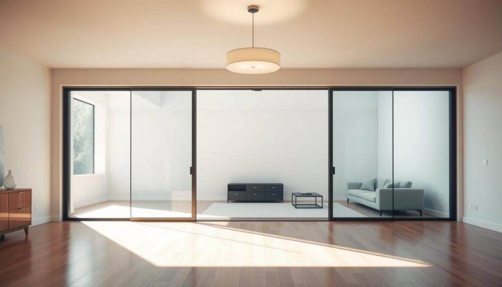 A modern, well-lit living room with large glass sliding doors. The doors are seamlessly integrated into the wall, allowing natural light to flood the space. The glass panels are sleek and frameless, creating a minimalist, high-end aesthetic. Overhead, a suspended lighting fixture casts a warm, ambient glow, complementing the natural daylight. The floor is a polished hardwood, reflecting the light and creating a sense of depth. The room is sparsely furnished, with clean-lined furniture and neutral tones, allowing the glass doors to take center stage as the focal point. An overall airy, sophisticated, and visually expansive atmosphere permeates the scene. A modern, well-lit living room with large glass sliding doors. The doors are seamlessly integrated into the wall, allowing natural light to flood the space. The glass panels are sleek and frameless, creating a minimalist, high-end aesthetic. Overhead, a suspended lighting fixture casts a warm, ambient glow, complementing the natural daylight. The floor is a polished hardwood, reflecting the light and creating a sense of depth. The room is sparsely furnished, with clean-lined furniture and neutral tones, allowing the glass doors to take center stage as the focal point. An overall airy, sophisticated, and visually expansive atmosphere permeates the scene.
