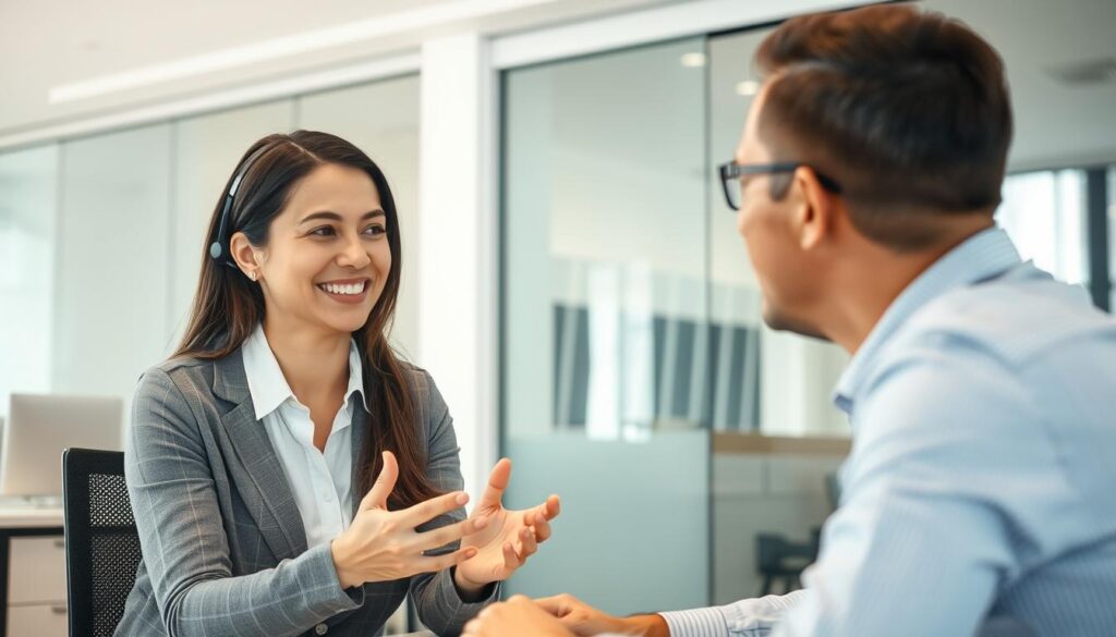 A modern, well-lit office interior with a glass partition or sliding door in the background. In the foreground, a friendly customer service representative is seated at a desk, engaged in a consultation with a client. The representative's expression is warm and attentive, and they are gesturing with their hands as they explain something. The client appears relaxed and engaged, leaning forward slightly. The lighting is soft and natural, creating a welcoming atmosphere. The overall scene conveys a sense of personalized attention and professional expertise in assisting the customer with their needs.