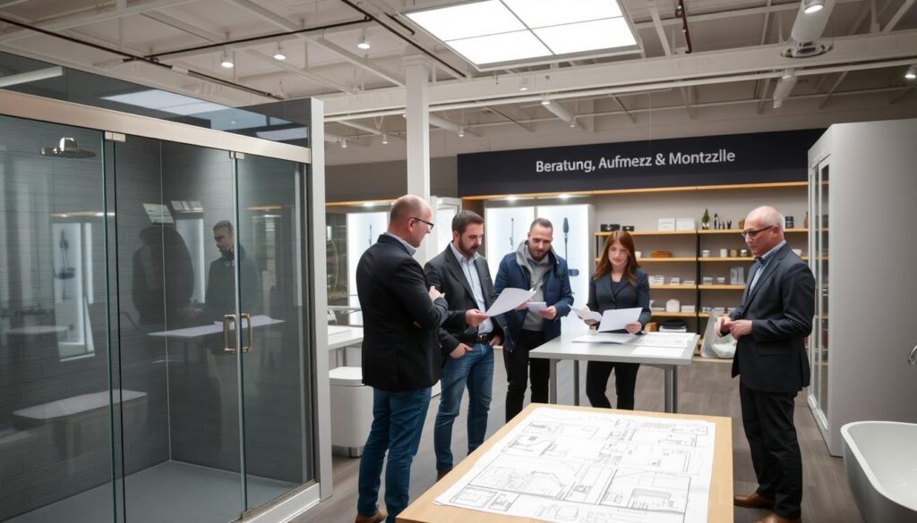 A modern, well-lit showroom interior with a team of professional consultants engaged in a consultation with a customer. In the foreground, a team member gestures towards a large, high-quality display of bathroom products, including a walk-in shower enclosure with sliding glass doors. In the middle ground, the customer and consultants are gathered around a table, reviewing technical drawings and measurements. The background features additional product displays, shelving, and signage highlighting the "Beratung, Aufmaß & Montage" services. The scene conveys a sense of expertise, attention to detail, and personalized customer service.