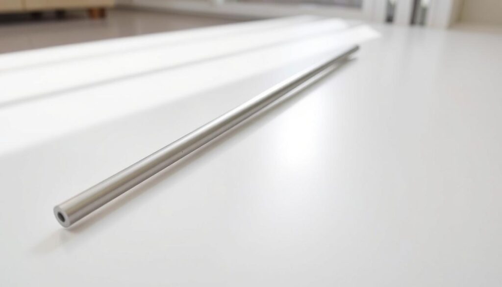A montage wand, a sleek and modern tool essential for installing sliding glass doors. Captured in a well-lit studio setting, the wand rests on a clean, white surface, its metallic finish gleaming under the soft, diffused lighting. The image showcases the wand's minimalist design, with clean lines and a smooth, ergonomic handle, conveying a sense of precision and high-quality craftsmanship. The background is slightly blurred, allowing the wand to take center stage and highlighting its importance in the installation process. This image effectively illustrates the key tools and accessories required for a seamless sliding door installation, complementing the "Kaufberatung und Montagehinweise für Ihre Schiebetür" section of the article.