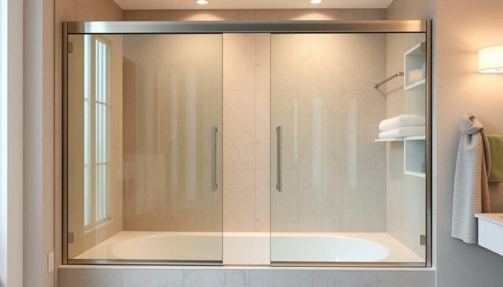 A multi-part bathtub enclosure made of high-quality, durable materials. The enclosure is designed to seamlessly integrate with the surrounding bathroom decor, featuring a sleek, minimalist aesthetic. The frameless glass panels are meticulously crafted, offering a clear, unobstructed view of the bathtub. The enclosure is positioned to catch the warm, diffused lighting from the overhead fixtures, creating a serene and relaxing atmosphere. The smooth, precision-engineered tracks allow for effortless, quiet operation of the sliding panels. The entire assembly is mounted securely to the wall, ensuring stability and safety. The enclosure's modular design allows for easy customization to fit the specific dimensions of the bathtub and bathroom layout.
