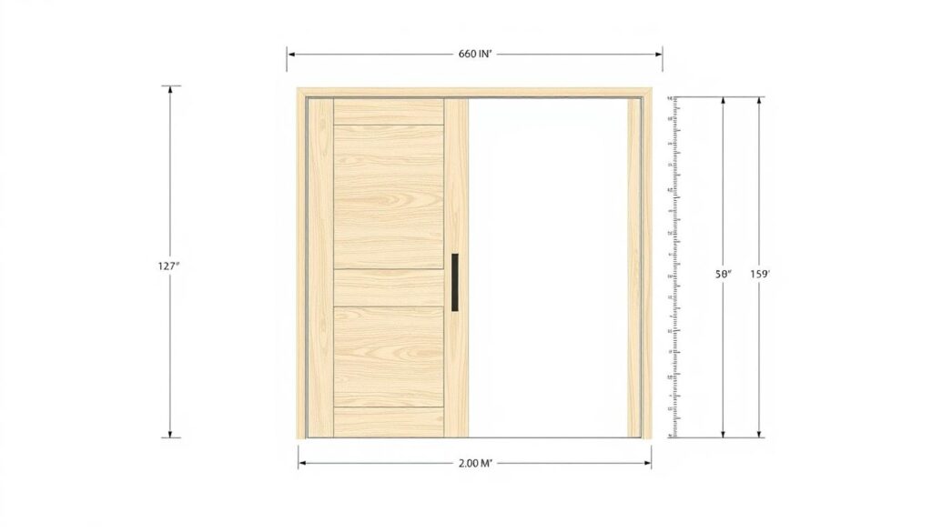 A precise technical diagram showcasing the dimensional specifications and measurements of a sliding door system, as per DIN 18101 standards. The illustration features a clean, minimalist aesthetic with crisp, high-contrast lines and a white background, ensuring the technical details are the focal point. Measured dimensions are clearly indicated, with a ruler or scale providing visual reference. The overall composition emphasizes the importance of accurately understanding the size, configuration, and related parameters when selecting and installing a custom wood sliding door set from Glastuerhop24.