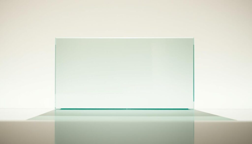 A pristine, high-quality glass panel glistens under a warm, natural lighting. The surface is perfectly smooth, with a flawless, transparent appearance that allows unobstructed views. The glass appears to be suspended in a minimalist, studio-like setting, casting subtle reflections on the surrounding surfaces. The overall composition emphasizes the material's clarity, purity, and refined aesthetic, capturing the essence of "klarglas" in a visually striking and compelling manner.