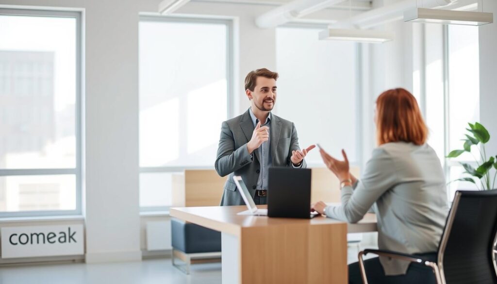 A professional, well-dressed consultant standing in a bright, airy office, gesturing with a thoughtful expression as they discuss options with a client seated across a modern, minimalist desk. Soft, natural lighting from large windows highlights the consultant's attentive posture and the client's engaged body language. The space has a clean, contemporary design with subtle branding elements that convey expertise and trustworthiness. The overall scene radiates a sense of personalized guidance, clear communication, and a collaborative problem-solving atmosphere.