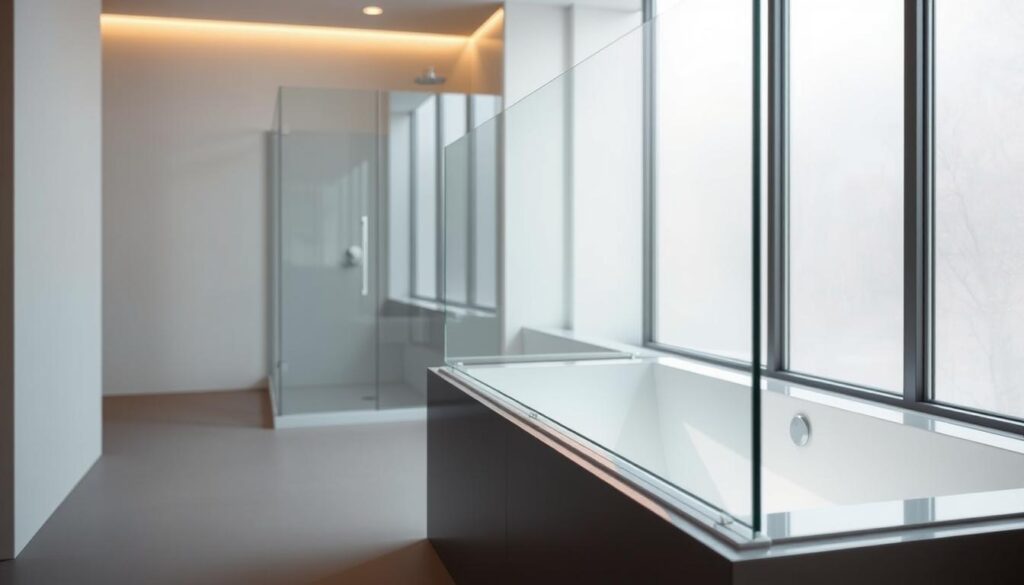 A semi-transparent glass sidewall, elegantly mounted at the end of a modern bathtub. The sidewall features a sleek, minimalist design with a seamless, frameless construction, allowing for unobstructed views and a spacious, open feel. Subtle lighting reflects off the glass, creating a warm, inviting ambiance. The sidewall is positioned at a slight angle, guiding the user's eye towards the tub and shower area. The scene is illuminated by soft, natural light filtering in through large windows, casting a gentle glow over the entire space. The overall atmosphere is one of clean, contemporary sophistication, perfectly suited for a luxurious bathroom.