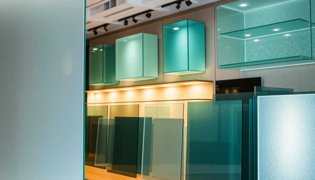 A showroom display of varied glass panels, showcasing their distinct textures, colors, and finishes. In the foreground, a sleek, frameless glass divider with a semi-matte coating, reflecting the soft lighting. In the middle ground, tempered glass panels in a range of hues from clear to frosted, highlighting the versatility of glass design. The background features suspended glass shelves, illuminated from within, casting a warm, inviting glow. The scene is captured with a high-resolution camera, emphasizing the intricate details and premium quality of the glass elements. The overall atmosphere evokes a sense of modern elegance and design sophistication.