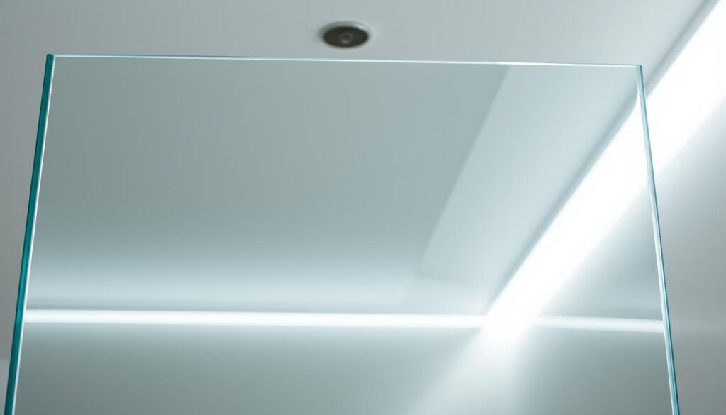 A sleek and minimalist glass panel with a crystal-clear transparency, capturing the essence of modern bathroom design. The surface is smooth and flawless, reflecting the surrounding environment with a mirror-like clarity. The glass casts a soft, diffused glow, illuminating the space with a sense of luminous elegance. The panel is suspended in a frameless, streamlined structure, accentuating its clean, contemporary aesthetic. The overall composition exudes a sophisticated and refined atmosphere, perfectly suited to complement the "Glas- und Beschlag-Design" section of the article.