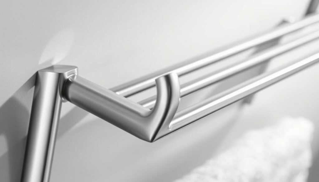 A sleek and modern Smedbo SIDELINE Handtuchhalter 1-reihig DK3101 towel rack, captured in a detailed, high-resolution close-up. The brushed stainless steel finish gleams under carefully positioned studio lighting, casting subtle shadows that accentuate the clean, minimalist design. The towel rack is angled slightly to showcase its elegant, curved profile, with each individual bar precisely aligned. The image should convey a sense of quality and attention to detail, reflecting the premium nature of the product and its suitability for high-end bathroom environments.