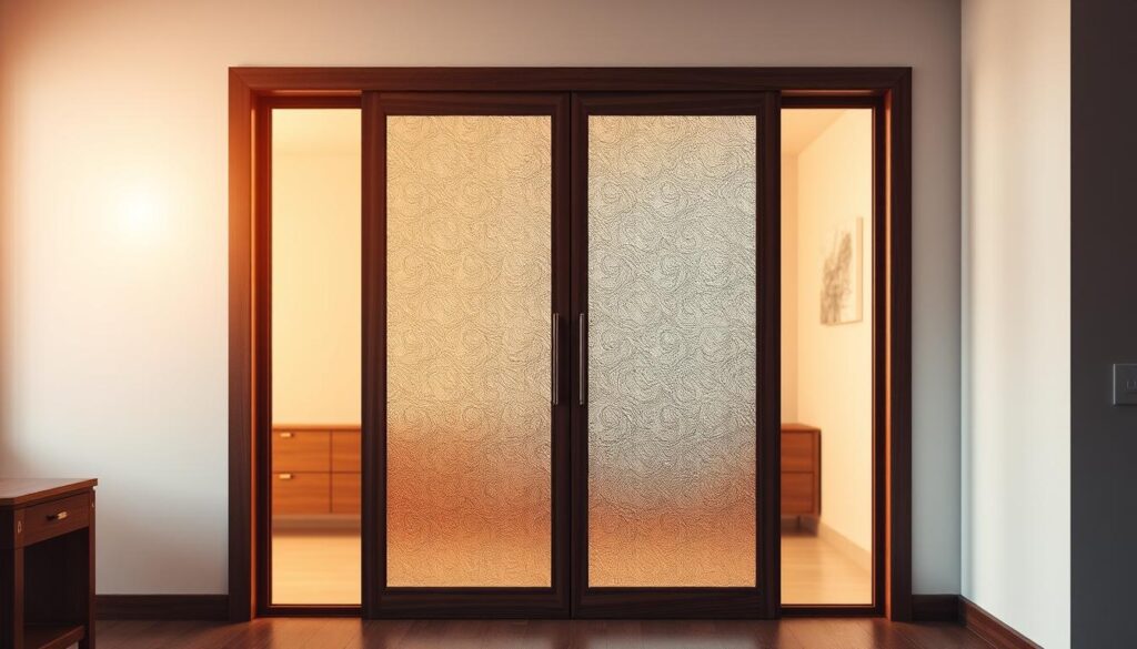 A sleek and modern glass sliding door, bathed in warm, diffused lighting, takes center stage. The tempered glass panels feature a subtle, etched pattern that creates a play of light and shadow, adding depth and visual interest. The door is seamlessly integrated into a minimalist, wooden frame, highlighting the harmonious blend of materials. The background subtly hints at an elegant, contemporary interior, with clean lines and a muted color palette complementing the focal point. The overall composition exudes a sense of refined sophistication, perfectly capturing the essence of a high-quality, customizable glass sliding door solution.