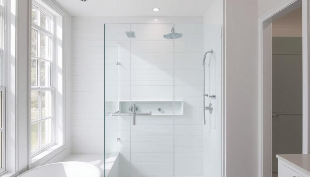 A sleek and modern shower enclosure against a pristine white bath, illuminated by soft, natural lighting from large windows. The glass panel, custom-fit to the alcove, features a minimalist, frameless design, seamlessly blending with the room's elegant aesthetic. Smooth, transparent glass reflects the surrounding tiles and fixtures, creating a sense of spaciousness and light. The shower area is neatly organized, with thoughtful details like discreet hardware and a streamlined silhouette, showcasing the high-quality craftsmanship of this bespoke shower solution. A sleek and modern shower enclosure against a pristine white bath, illuminated by soft, natural lighting from large windows. The glass panel, custom-fit to the alcove, features a minimalist, frameless design, seamlessly blending with the room's elegant aesthetic. Smooth, transparent glass reflects the surrounding tiles and fixtures, creating a sense of spaciousness and light. The shower area is neatly organized, with thoughtful details like discreet hardware and a streamlined silhouette, showcasing the high-quality craftsmanship of this bespoke shower solution.