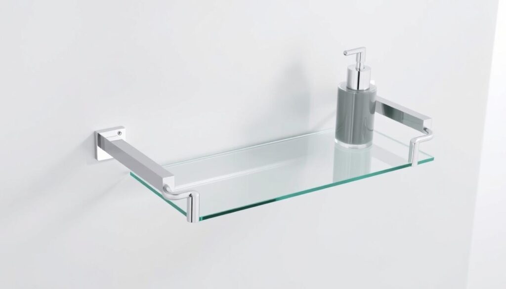A sleek and modern wall-mounted bathroom accessory featuring a chrome-finished metal towel bar with a tempered glass shelf. The shelf is positioned at an ergonomic angle, allowing for easy placement and access to toiletries, lotions, or decorative items. The assembly is mounted securely to the wall, creating a clean and minimalist look that seamlessly integrates with the surrounding bathroom decor. Soft, even lighting from above illuminates the glass surface, enhancing the premium, high-quality appearance of this functional and stylish bathroom storage solution.