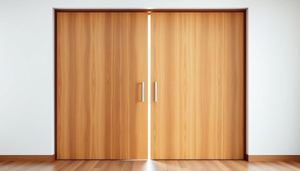 A sleek and modern wooden sliding door, its smooth grain and natural warmth filling the frame. The door is set against a bright, airy backdrop, allowing the craftsmanship to take center stage. Soft, diffused lighting casts subtle shadows, highlighting the intricate details of the wood's texture and the seamless hardware. The door is flanked by clean, minimalist architectural elements, creating a harmonious and inviting scene. The composition emphasizes the door's functionality and aesthetic appeal, showcasing the perfect integration of form and function in a complete, high-quality sliding door system.
