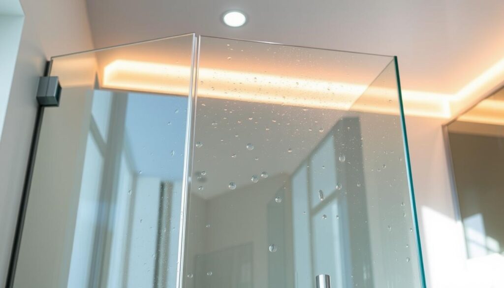 A sleek, contemporary glass shower enclosure stands in a well-lit, modern bathroom. The frameless glass panels reflect the room's clean lines and minimalist aesthetic. Shimmering water droplets cling to the smooth, transparent surface, hinting at the enclosure's high-quality craftsmanship and attention to detail. Warm, diffused lighting from above casts a soft glow, creating a serene, spa-like ambiance. The enclosure is seamlessly integrated into the room's design, showcasing the versatility and seamless installation of this custom-made product. A sense of luxury and refinement pervades the scene, inviting the viewer to envision the enclosure's premium quality and the exceptional service offered by the retailer.