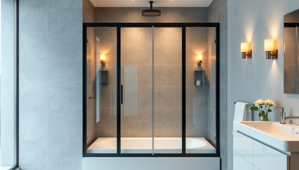 A sleek, contemporary glass shower enclosure with a folding design stands elegantly in a modern bathroom. The tempered glass panels, frameless and streamlined, create a seamless, minimalist aesthetic. Warm lighting from wall sconces casts a soft glow, highlighting the translucent quality of the glass. The enclosure's compact, space-saving configuration is perfect for a compact tub-shower combination, allowing for easy access and a versatile, customizable layout. The foldable design offers flexible functionality, enabling the user to adjust the enclosure as needed. This duschabtrennung embodies the perfect balance of form and function, elevating the bathing experience in a personalized, stylish manner. A sleek, contemporary glass shower enclosure with a folding design stands elegantly in a modern bathroom. The tempered glass panels, frameless and streamlined, create a seamless, minimalist aesthetic. Warm lighting from wall sconces casts a soft glow, highlighting the translucent quality of the glass. The enclosure's compact, space-saving configuration is perfect for a compact tub-shower combination, allowing for easy access and a versatile, customizable layout. The foldable design offers flexible functionality, enabling the user to adjust the enclosure as needed. This duschabtrennung embodies the perfect balance of form and function, elevating the bathing experience in a personalized, stylish manner.