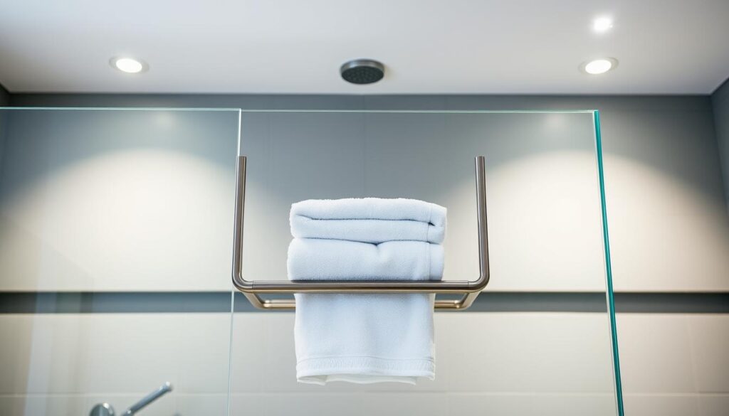 A sleek, minimalist handtuchhalter (towel rack) mounted on a seamless, frameless duschwand (shower wall) made of clear, tempered glass. The handtuchhalter is crafted from polished stainless steel, its simple yet elegant design complementing the modern aesthetic of the shower enclosure. Soft, diffused lighting from recessed ceiling fixtures casts a warm, inviting glow onto the scene, highlighting the transparency of the glass and the clean lines of the hardware. The handtuchhalter is positioned at a comfortable height, allowing easy access to neatly folded towels. The overall atmosphere conveys a sense of spa-like luxury and effortless functionality, ideal for the discerning homeowner seeking a high-quality, visually-appealing solution for their bathroom.